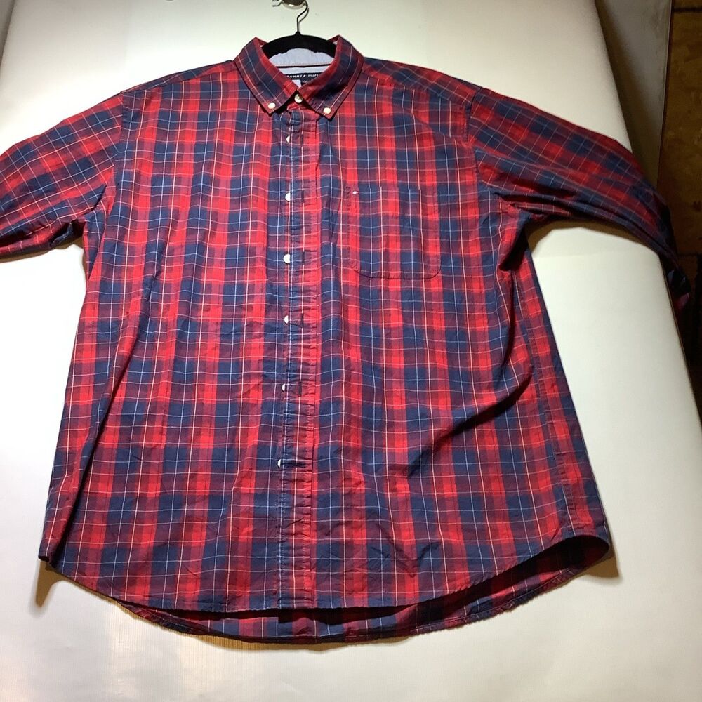 Tommy Hilfiger Men Red Blue Plaid Long Sleeve Button Front Shirt Large